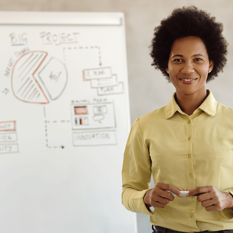 happy-black-businesswoman-front-whiteboard-during-business-presentation